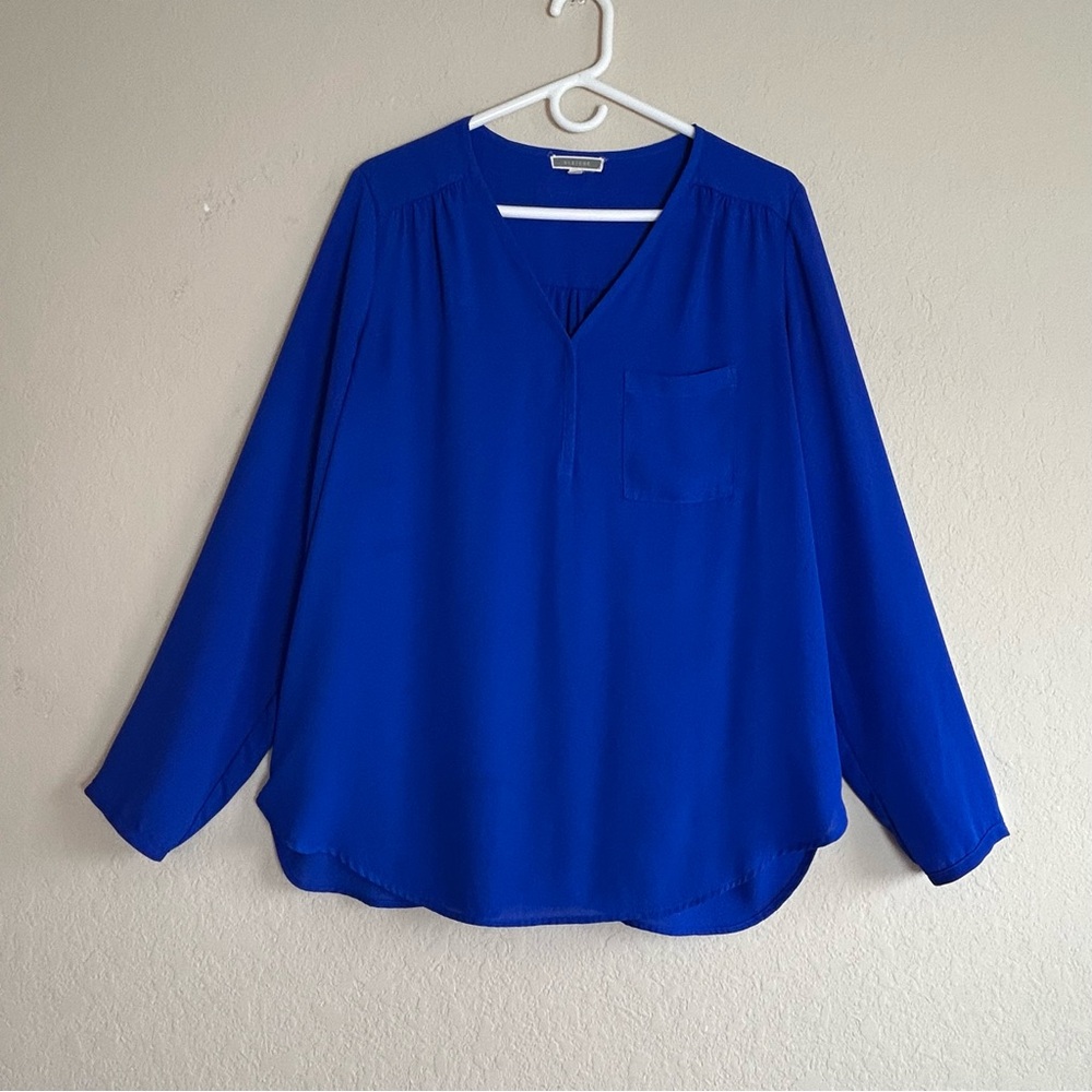 Pleione Blouse Women’s Size Large Blue V-Neck Long Sleeve Pocket Career Top